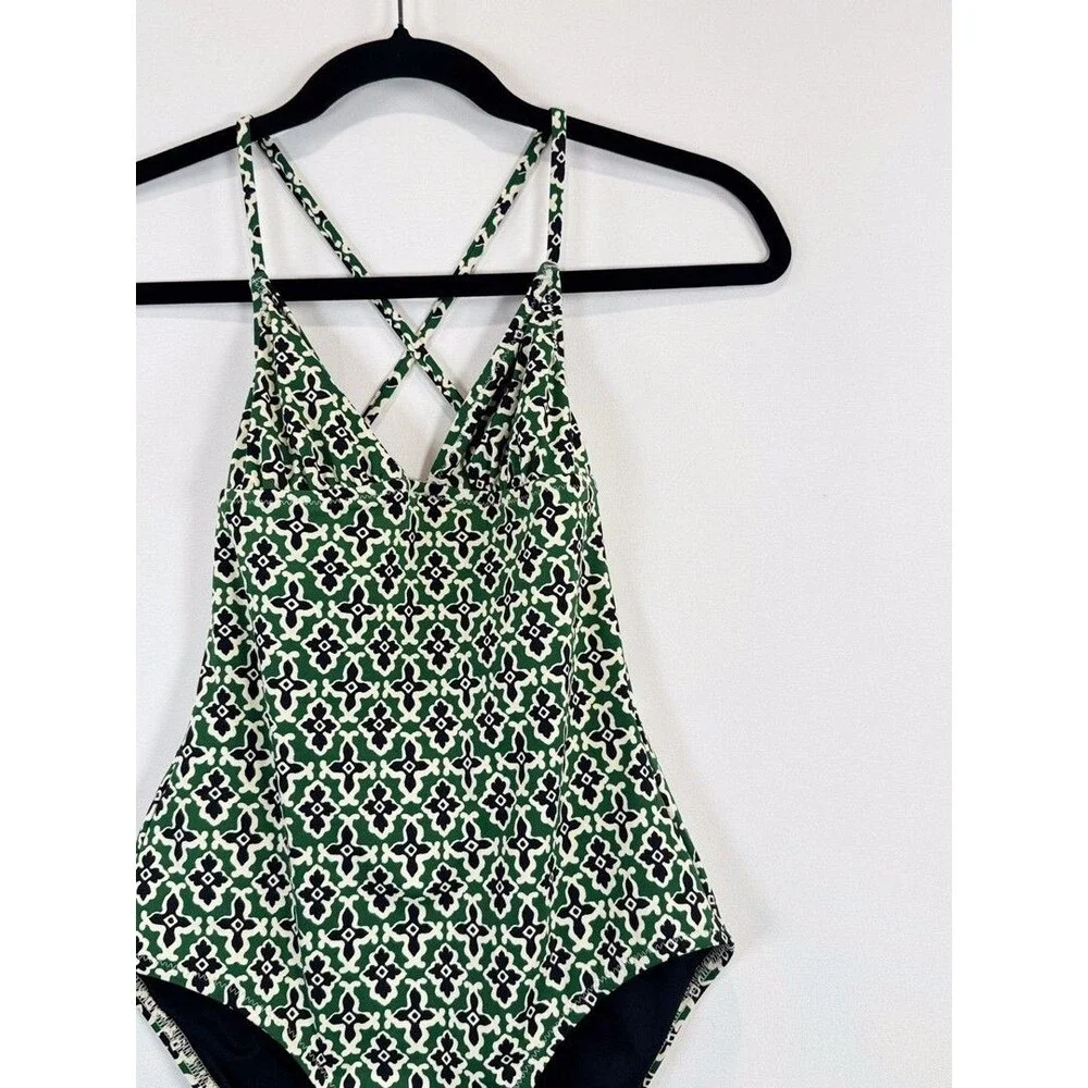 NEW Madewell Womens Swimsuit Green One Piece V Neck Crossback Low Scoop Back 4